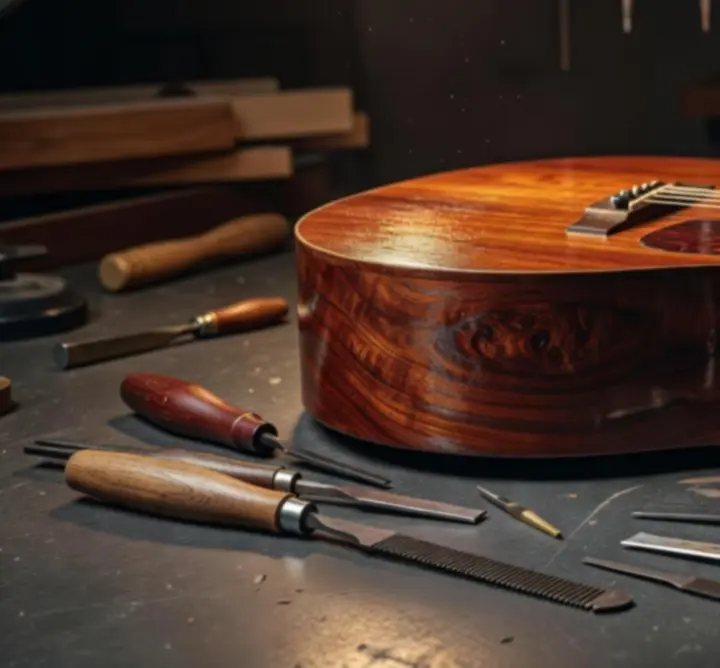 Ludzie tworzący gitary ręcznie w warsztacie