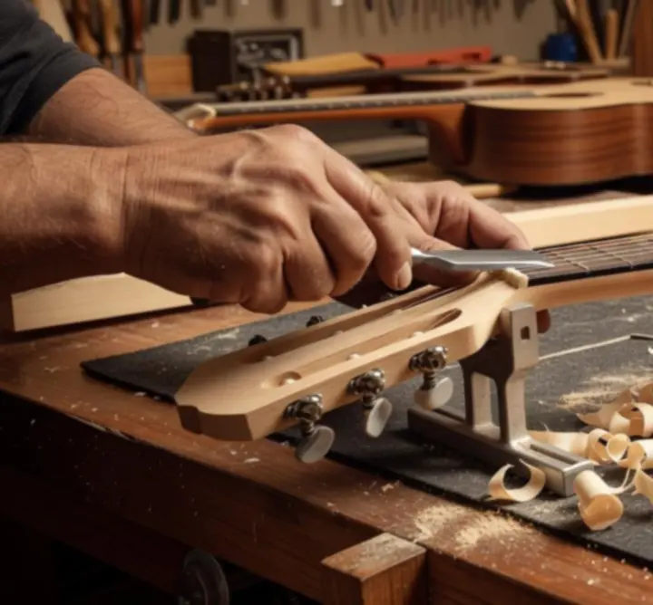 Rzemieślnik w warsztacie lutniczym podczas pracy nad instrumentem