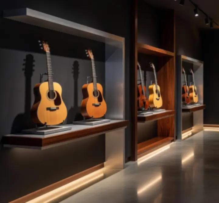 Ekskluzywny salon muzyczny z ciemnym wnętrzem i instrumentami