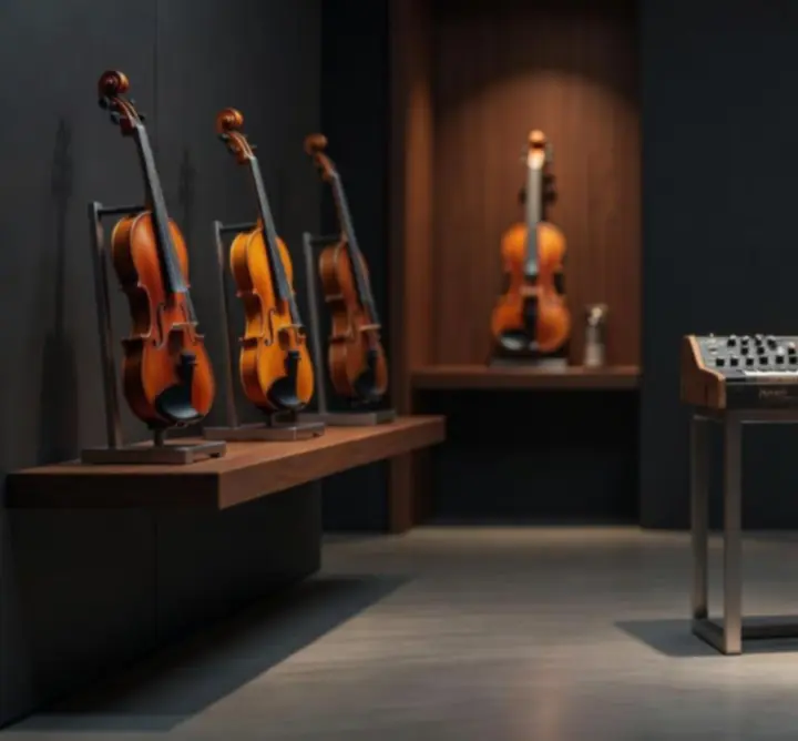 Ekskluzywny showroom instrumentów muzycznych z eleganckim oświetleniem
