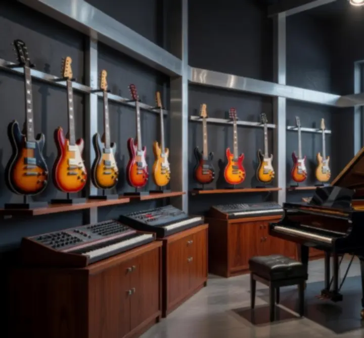 Wnętrze salonu musicstoore z ekspozycją instrumentów
