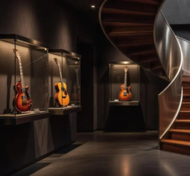 Elegancki interior showroomu z eksponowanymi instrumentami