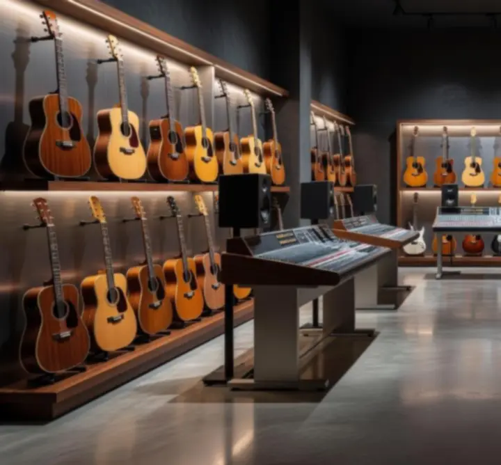 Wnętrze showroomu musicstoore z mahoniowymi ekspozycjami